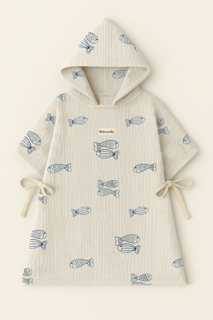 Littlesoulsclothing Musselin Badeponcho für Kinder mit Fisch-Print