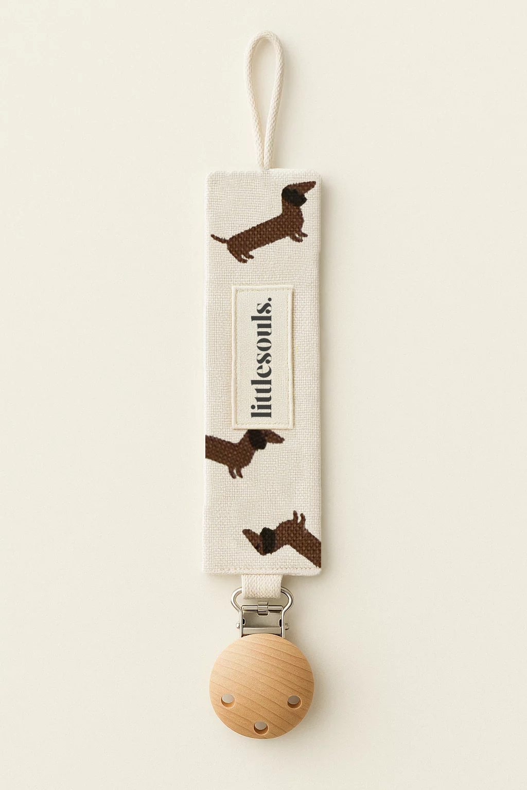 Littlesoulsclothing Schnullerband mit Dackelprint aus 100% Baumwolle und Holzclip